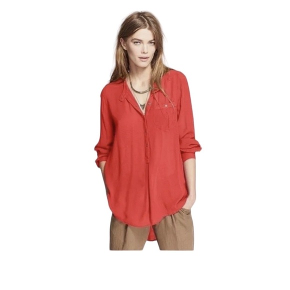 FREE PEOPLE Oversized Deep V Boyfriend L/S Button Up Top in Red Size XS - Picture 1 of 5